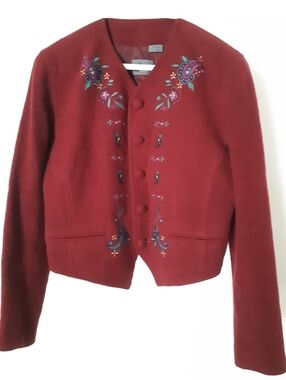 LizWear Floral Embroidered Burgundy Wool Blazer